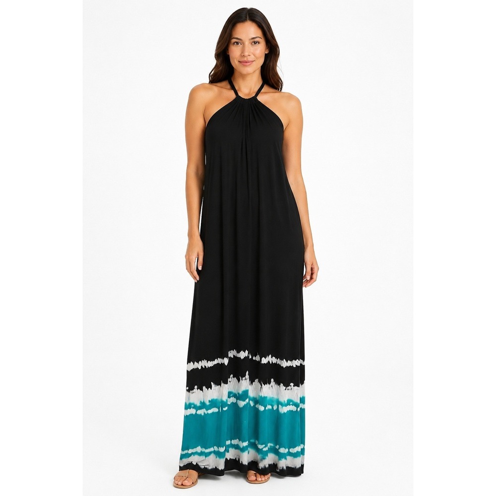 Soma Halter Maxi Dress‎ Women Size XS Black Turquoise Tie Dye EUC Boho Summer